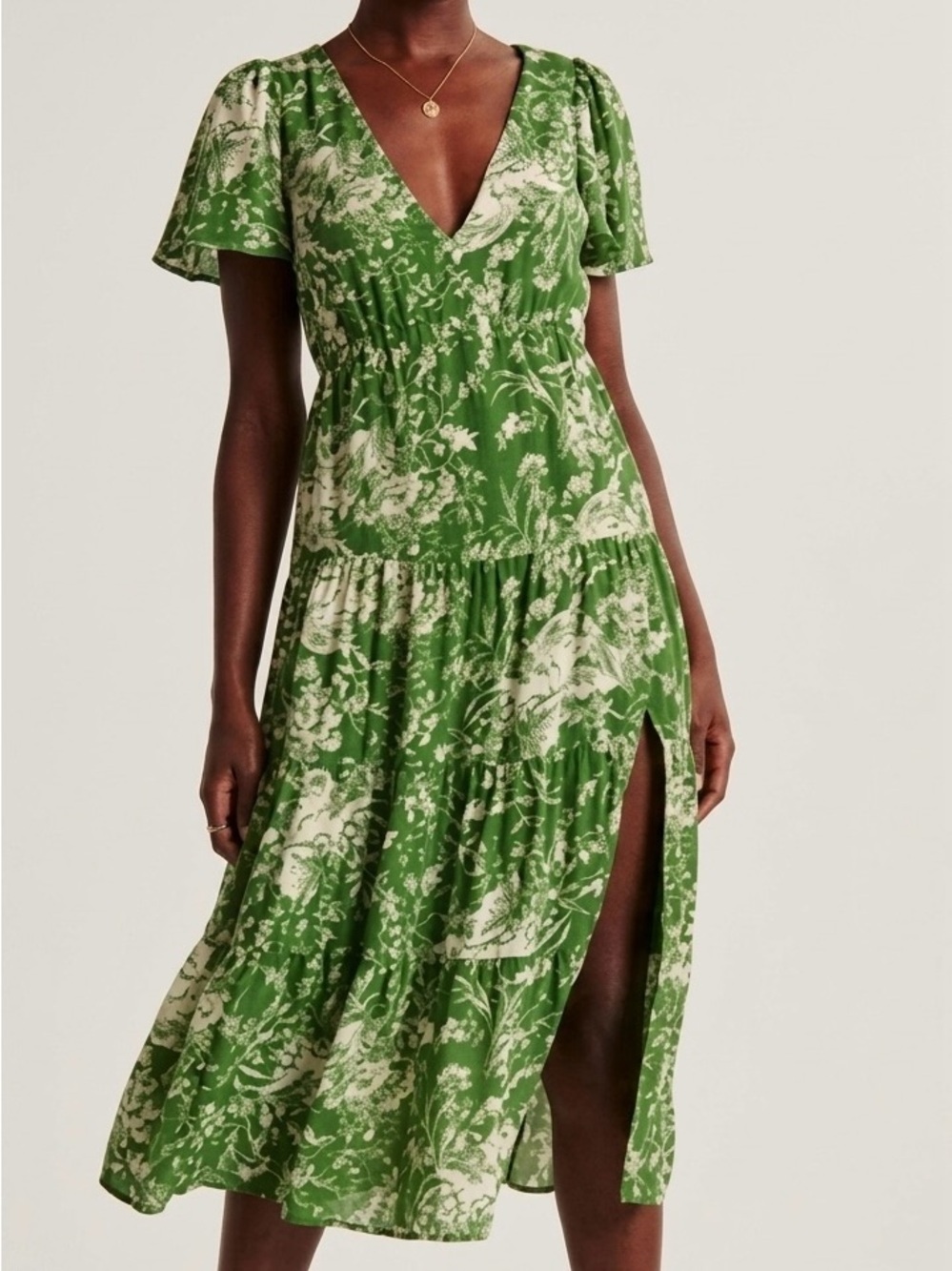 Abercrombie & Fitch Green Floral V-Neck Tiered Midi Dress with Side Slit